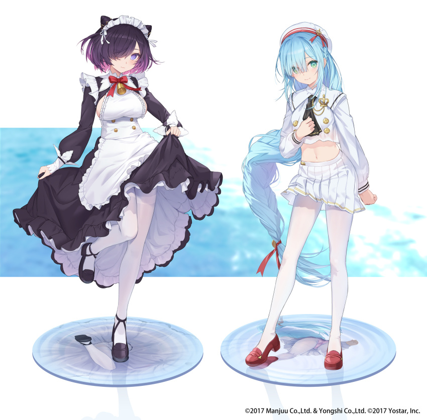 2girls apron azumi_akitake azur_lane beret black_dress black_footwear black_hair blue_hair brown_footwear closed_mouth colored_inner_hair cone_hair_bun double_bun dress full_body hair_bun hair_over_one_eye hat highres janus_(azur_lane) janus_(fear_of_changing...clothes)_(azur_lane) jervis_(azur_lane) jervis_(fluttering_in_the_fair_breeze)_(azur_lane) loafers long_hair long_sleeves looking_at_viewer maid maid_apron maid_headdress midriff multicolored_hair multiple_girls navel official_art pantyhose purple_hair school_uniform shirt shoes short_hair simple_background skirt smile standing very_long_hair white_apron white_background white_hat white_pantyhose white_shirt white_skirt