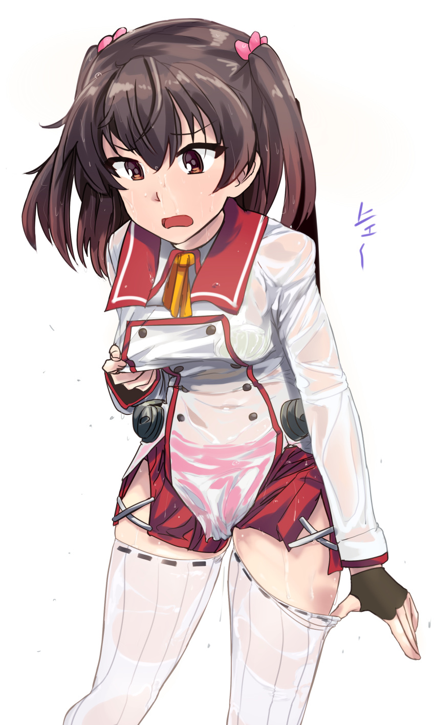 absurdres asakura_mihono breasts brown_eyes brown_gloves brown_hair commentary_request female fingerless_gloves gloves grabbing_own_breast highres long_sleeves mashitono_desu medium_breasts miniskirt minoseki_gakuin_uniform neck_ribbon open_mouth orange_ribbon red_sailor_collar red_skirt ribbon sailor_collar school_uniform see-through_clothes shirt skirt solo standing striped_clothes striped_thighhighs thighhighs toji_no_miko two_side_up wet wet_clothes white_background white_shirt white_thighhighs zettai_ryouiki