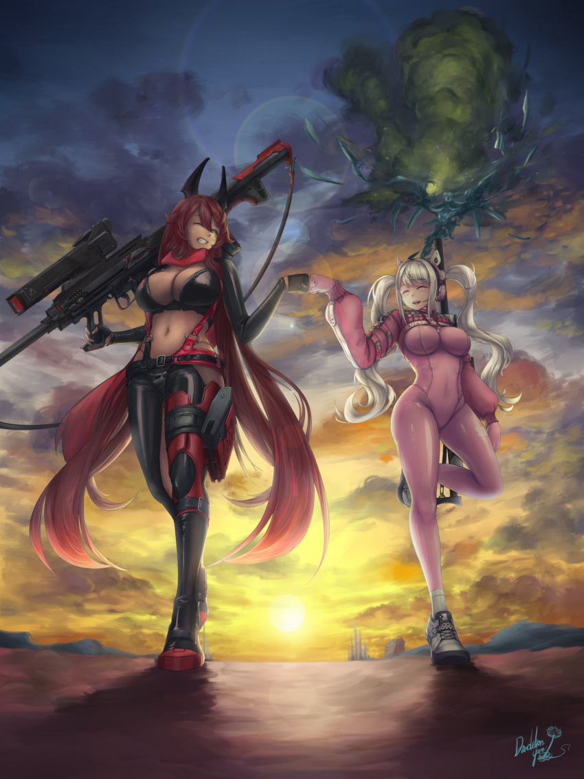 2girls absurdres alice_(nikke) animal_ear_headphones animal_ears black_gloves bodysuit breasts cleavage clenched_hand closed_eyes clothing_cutout covered_navel crotch_plate dandelion_yarn fake_animal_ears fingerless_gloves fist_bump gloves goddess_of_victory:_nikke grin gun headphones headset highres hip_vent holding holding_gun holding_weapon horns impossible_bodysuit impossible_clothes jacket large_breasts latex latex_bodysuit leather leather_jacket leather_pants leg_cutout long_hair long_sleeves mechanical_horns medium_breasts multicolored_clothes multicolored_gloves multiple_girls navel one_eye_closed open_mouth pants pink_bodysuit pink_gloves pink_headphones rapture_(nikke) red_hair red_hood_(nikke) red_scarf rifle scarf scope shrug_(clothing) sidelocks skin_tight smile sniper_rifle solo twintails two-tone_gloves unzipped weapon yellow_eyes