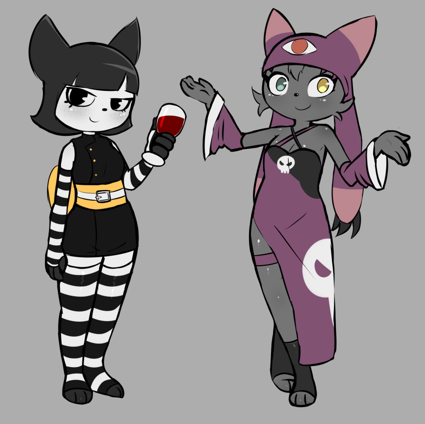 3_toes 4_fingers absurd_res anthro bat belt blood blood_in_glass blush bodily_fluids breasts clothing domestic_cat dress duo e254e facial_tuft feet felid feline felis female fingers green_eyes heterochromia hi_res janna_(samichoptanuki999) leaf-nosed_bat magic_user mammal microbat skull_symbol skullcap smile toes tuft vampire vampire_bat vanny_(e254e) witch yangochiropteran yellow_eyes