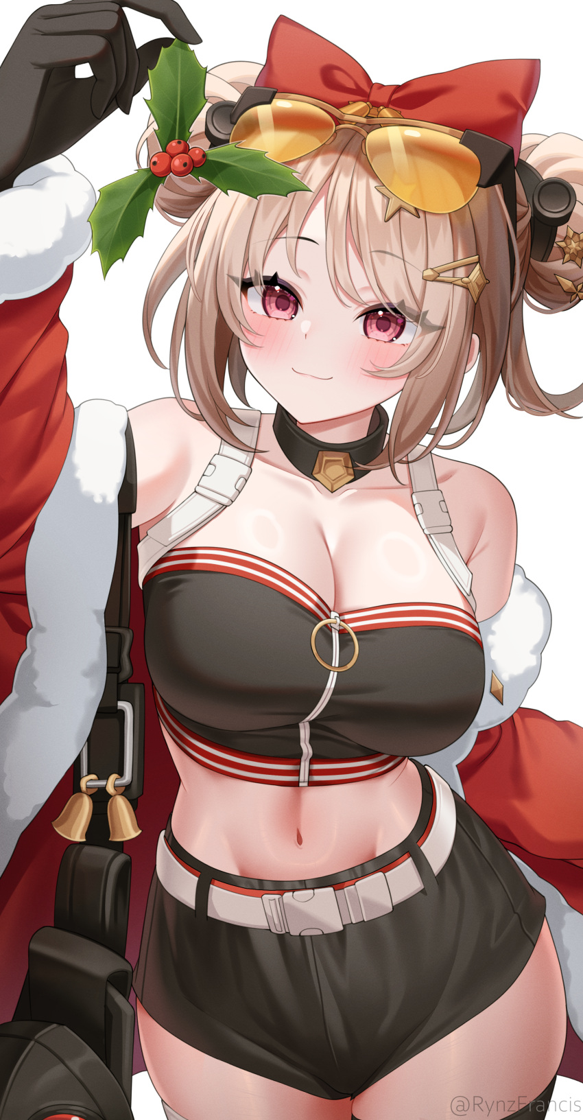 absurdres arm_up bare_shoulders bell black_gloves black_shirt black_shorts blush bow breasts brown_hair coat collar collarbone commission crop_top double_bun eyewear_on_head female fur-trimmed_coat fur_trim gas_mask girls'_frontline gloves hair_bun hair_ornament hairbow hairclip highres holding holding_mistletoe large_breasts looking_at_viewer mask medium_hair mistletoe navel off_shoulder official_alternate_costume open_clothes open_coat p90_(girls'_frontline) p90_(scarlet_turbo)_(girls'_frontline) red_bow red_coat red_eyes rynzfrancis shirt shorts smile solo thighhighs tinted_eyewear yellow-tinted_eyewear