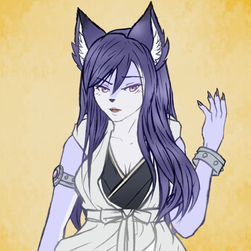 1:1 2018 anthro armband asian_clothing azusaart bangs bow_tie breasts chinese_clothing claws cleavage clothed clothing digital_drawing_(artwork) digital_media_(artwork) domestic_cat east_asian_clothing eyebrows eyelashes fangs felid feline felis female hair hi_res inner_clothing inner_ear_fluff long_hair looking_at_viewer mammal maya_(azusaart) one_hand_up open_mouth pink_eyes portrait pose purple_body purple_hair shirt simple_background sleeveless_shirt solo teeth topwear tuft white_clothing white_shirt white_topwear