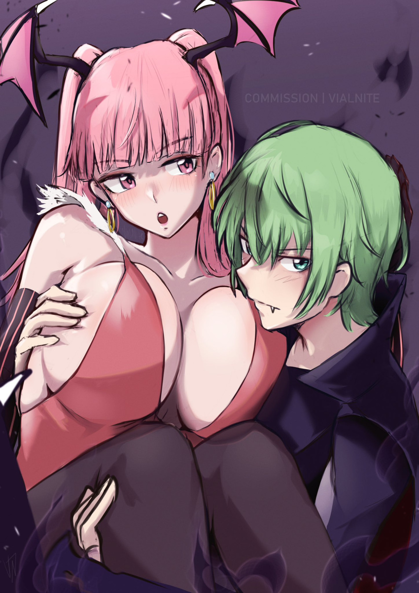 1boy blunt_bangs breasts byleth_(fire_emblem) byleth_(male)_(fire_emblem) cosplay earrings female fire_emblem fire_emblem:_three_houses green_hair head_wings highres hilda_valentine_goneril hug jewelry large_breasts leotard looking_at_viewer morrigan_aensland morrigan_aensland_(cosplay) pantyhose pink_hair pink_leotard strapless strapless_leotard twintails vialnite wings