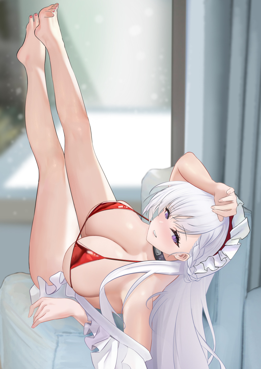 absurdres apron azur_lane belfast_(azur_lane) belfast_(blissful_service)_(azur_lane) bikini breasts changgong8745 cleavage commentary female highres huge_breasts legs_up long_hair looking_at_viewer lying maid_headdress official_alternate_costume on_back purple_eyes red_bikini solo swimsuit thighs very_long_hair white_apron white_hair