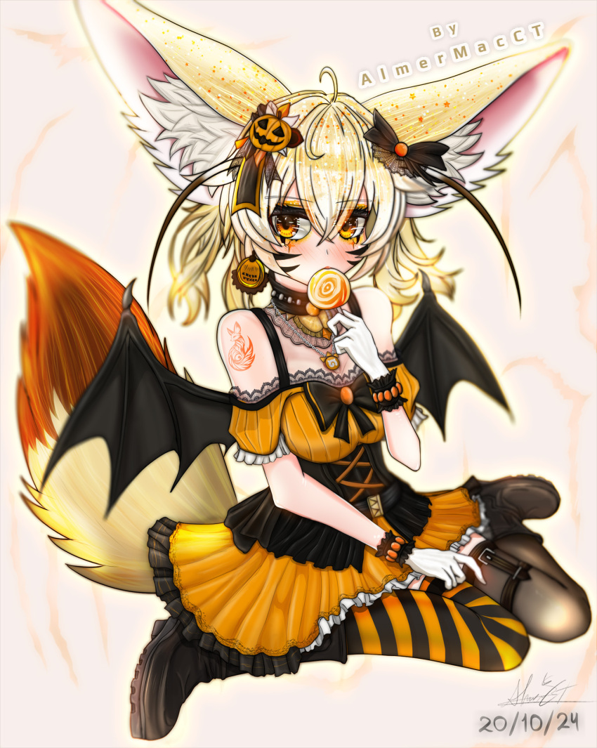 almermacct alternate_costume animal_ears bat_wings black_choker blonde_hair bow candy choker dressing female fennec_(kemono_friends) food food-themed_hair_ornament fox_ears fox_tail fox_tattoo hair_ornament hairbow halloween highres japari_symbol jewelry kemono_friends kneeling lollipop necklace orange_eyes orange_pantyhose pantyhose puffy_short_sleeves puffy_sleeves pumpkin_hair_ornament short_hair short_sleeves striped_clothes striped_pantyhose tail tattoo wings