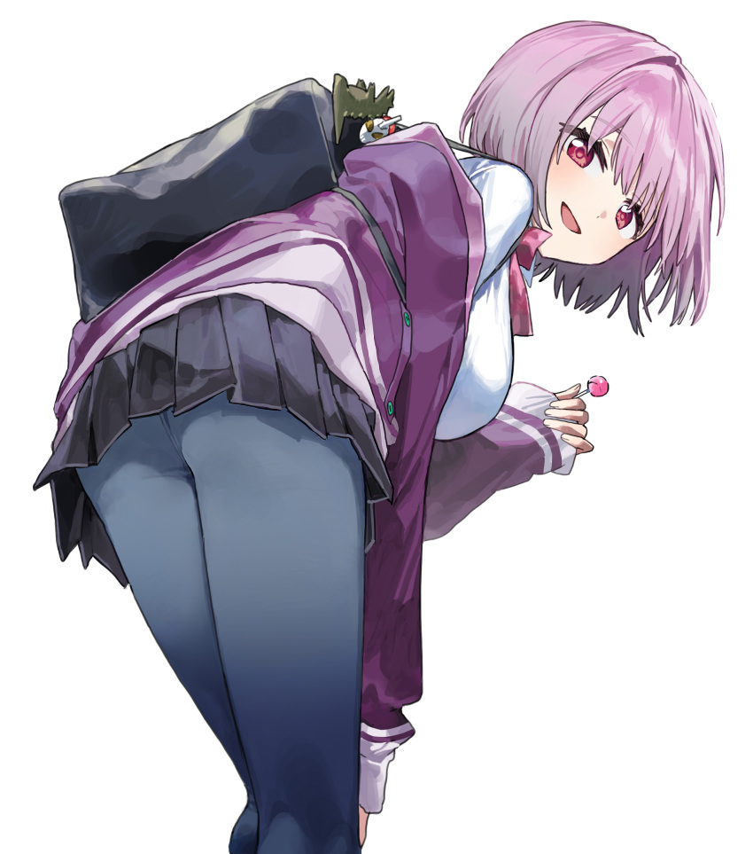 absurdres ass bent_over black_bag black_skirt bow bowtie breasts candy cardigan charm_(object) commentary female food grey_pantyhose gridman_universe highres holding holding_candy holding_food holding_lollipop jacket large_breasts lollipop looking_at_viewer looking_back miniskirt open_mouth pantyhose purple_bow purple_bowtie purple_hair purple_jacket red_eyes seeshin_see shinjou_akane short_hair simple_background skirt sleeves_past_wrists smile solo ssss.gridman white_background white_cardigan