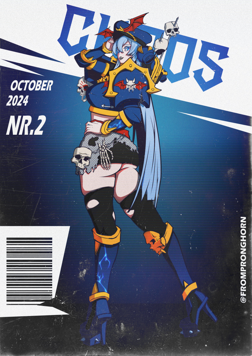 absurdres adeptus_astartes akame_ga_kill! armor artist_name boots chaos_space_marine cover crop_top english_text esdeath fake_magazine_cover female from_pronghorn high_heel_boots high_heels highres looking_at_viewer looking_back magazine_cover night_lords skeletal_hand skull_ornament skull_print solo warhammer_40k