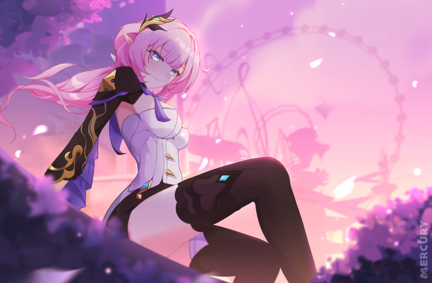 absurdres amusement_park artist_name black_footwear black_shorts blue_eyes breasts commentary corset elf elysia_(honkai_impact) elysia_(miss_pink_elf)_(honkai_impact) falling_petals female ferris_wheel from_side hair_ornament highres honkai_(series) honkai_impact_3rd long_hair looking_at_viewer medium_breasts mercury_jc petals pink_hair pink_sky pink_theme pointy_ears short_shorts shorts sitting sky solo thighs white_corset