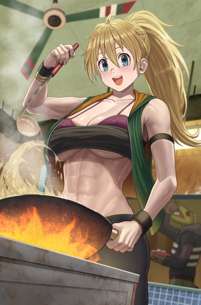 1boy :d abs blonde_hair blue_eyes bra breasts caiman_(dorohedoro) commentary_request cooking dorohedoro female fire highres holding holding_ladle ladle large_breasts long_hair looking_at_viewer muscular muscular_female nikaidou_(dorohedoro) ponytail reptile_boy silvertsuki smile solo_focus underwear wok