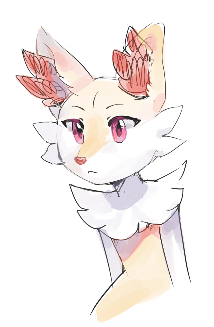 2020 ambiguous_gender anthro biped braixen digital_media_(artwork) eyebrows flavia-elric fur generation_6_pokemon hi_res inner_ear_fluff mouth_closed nintendo pink_eyes pokemon pokemon_(species) pupils simple_background solo standing tuft white_background white_body white_fur white_sclera yellow_body yellow_fur