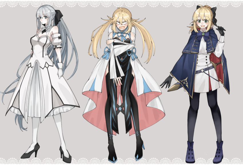 3girls ahoge artoria_caster_(fate) artoria_caster_(fate)_(cosplay) artoria_caster_(second_ascension)_(fate) artoria_caster_(second_ascension)_(fate)_(cosplay) artoria_pendragon_(fate) black_gloves blonde_hair blue_eyes blush bow braid breasts cloak commentary_request cosplay costume_switch detached_sleeves dress eeu_(musuka73) euhage73 fate/grand_order fate_(series) full_body gloves green_eyes grey_hair hairbow high_heels highres long_hair morgan_le_fay_(fate) morgan_le_fay_(fate)_(cosplay) multiple_girls oerba_yun_fang ponytail saber_lily saber_lily_(cosplay) sheath simple_background sword thighhighs twintails two-tone_cape very_long_hair weapon weapon_on_back white_dress white_gloves