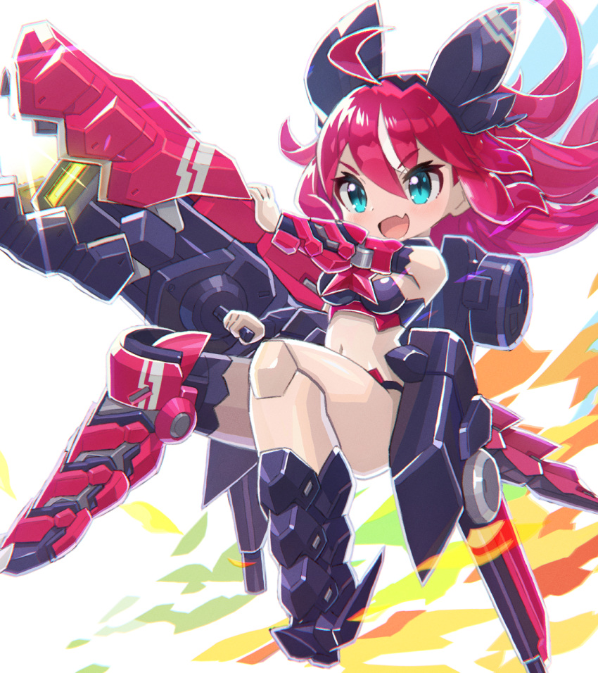 ahoge aqua_eyes armor asymmetrical_legwear bikini_armor bow breasts deformed energy_gun female floating_hair hairbow highres huge_weapon joints light_blush long_hair looking_at_viewer medium_breasts multicolored_background navel oerba_yun_fang open_mouth original red_hair robot_girl robot_joints single_hair_streak skin_fang smile weapon yoyoyoyoyo_(turuse)