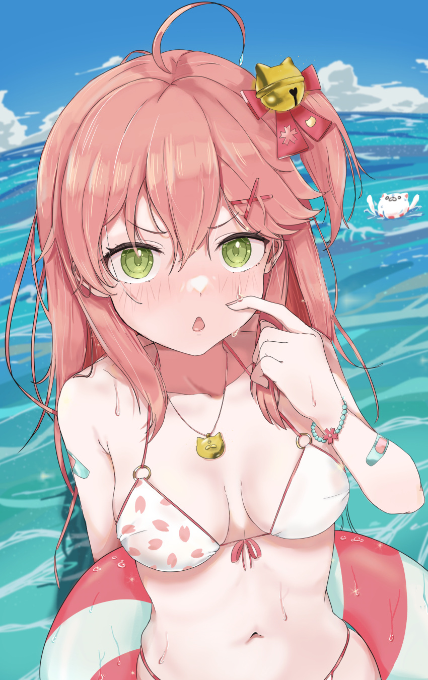 35p_(sakura_miko) absurdres ahoge alternate_costume asphyxiation bandaid bandaid_on_arm bikini blue_sky blush breasts breasts_apart day drowning female green_eyes hair_ornament hand_on_own_face highres holding holding_swim_ring hololive horizon jewelry large_breasts lifebuoy looking_at_viewer masute navel necklace o-ring o-ring_bikini ocean open_mouth outdoors panicking pink_hair print_bikini sakura_miko sky solo_focus string_bikini struggling swim_ring swimsuit triangle_mouth virtual_youtuber wet x_hair_ornament