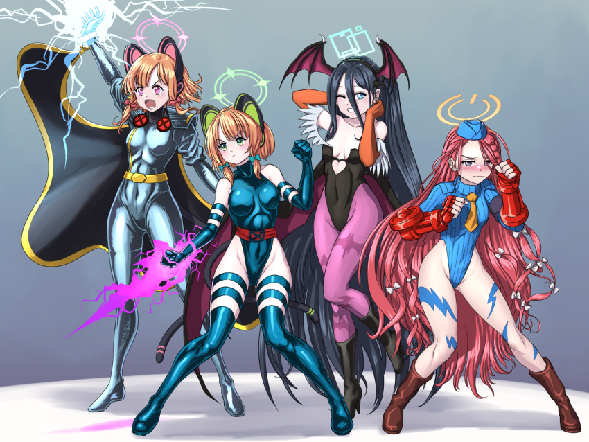 4girls absurdly_long_hair animal_ear_headphones animal_ears animal_print aqua_halo aris_(blue_archive) bat_print bat_wings black_hair black_hairband black_leotard blonde_hair blue_archive blue_eyes blue_halo blue_leotard bodypaint braid breasts cammy_white cammy_white_(cosplay) cape cat_ear_headphones clothing_cutout cosplay covered_navel darkstalkers elbow_gloves electricity fake_animal_ears fingerless_gloves forehead fur-trimmed_leotard fur_trim game_development_department_(blue_archive) gloves green_eyes green_halo hair_between_eyes hairband halo halter_leotard halterneck head_wings headphones heart_cutout highleg highleg_leotard highres leotard long_hair long_hair_between_eyes low-tied_sidelocks low_wings marvel marvel_vs._capcom marvel_vs._capcom_2 medium_breasts midori_(blue_archive) momoi_(blue_archive) morrigan_aensland morrigan_aensland_(cosplay) multiple_girls off-shoulder_leotard one_side_up orange_halo pantyhose pink_eyes pink_halo print_pantyhose psylocke psylocke_(cosplay) purple_eyes purple_pantyhose purple_wings rectangular_halo red_hair ribbed_leotard short_hair siblings sisters small_breasts storm_(x-men) storm_(x-men)_(cosplay) street_fighter substance20 superhero_costume twins very_long_hair wings x-men yuzu_(blue_archive)