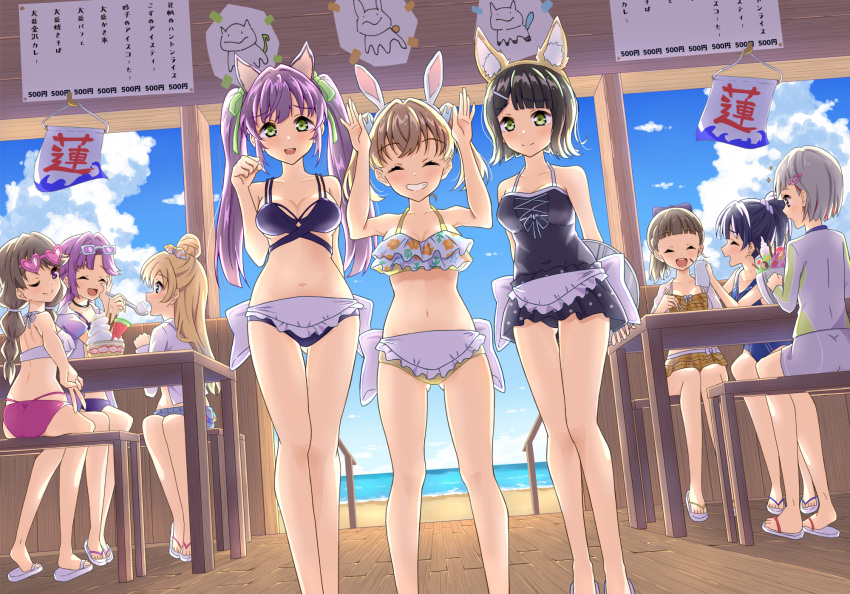 6+girls :d ;) ^_^ animal_ear_hairband animal_ears anyoji_hime anyoji_hime_(swimsuit) apron ass_visible_through_thighs beach_house bikini black_bow black_hair black_one-piece_swimsuit blonde_hair blue_bikini blue_eyes blue_hair blue_one-piece_swimsuit blue_shorts blue_sky blunt_bangs blunt_ends bow breasts brown_hair cake casual_one-piece_swimsuit cat_ear_hairband cat_ears cerise_bouquet child's_drawing cleavage closed_eyes closed_mouth cloud collarbone commentary_request cross-laced_clothes cross-laced_one-piece_swimsuit crossed_bangs cumulonimbus_cloud dark_blue_hair day dollchestra dutch_angle eyewear_on_head facing_another facing_viewer fake_animal_ears feeding feet_out_of_frame flip-flops flipped_hair food fox_ears frilled_bikini frills fujishima_megumi fujishima_megumi_(swimsuit) gradient_clothes gradient_hair gradient_jacket green_eyes green_ribbons grey_hair hair_bun hair_ornament hair_ribbon hair_scrunchie hairband hairbow hairclip half_up_braid hand_on_own_cheek hand_on_own_face handkerchief heart heart-shaped_eyewear highres hinoshita_kaho hinoshita_kaho_(swimsuit) holding holding_handkerchief holding_tray jacket jacket_on_shoulders kachimachi_kosuzu kachimachi_kosuzu_(swimsuit) light_blue_hair link!_like!_love_live! long_hair long_sleeves looking_at_another looking_at_viewer love_live! low_twintails medium_breasts medium_hair miniapron mira-cra_park! mismatched_bikini momose_ginko momose_ginko_(swimsuit) multi-strapped_bikini_bottom multi-strapped_bikini_top multi-tied_hair multicolored_clothes multicolored_hair multicolored_jacket multiple_girls murano_sayaka murano_sayaka_(swimsuit) no_jacket official_alternate_costume official_alternate_hairstyle on_bench one-piece_swimsuit one_eye_closed open_mouth osawa_rurino osawa_rurino_(swimsuit) otomune_kozue otomune_kozue_(swimsuit) pink-framed_eyewear pink-tinted_eyewear pink_bikini pink_hair pink_jacket ponytail purple_bikini purple_eyes purple_hair purple_jacket purple_scrunchie qy73 rabbit_ear_hairband rabbit_ears rabbit_hair_ornament red_eyes red_hair ribbon sandals scrunchie self_borrowed_hairstyle short-sleeved_jacket short_hair short_shorts short_sleeves shorts sidelocks single_hair_bun single_sidelock sitting sky smile split_mouth standing streaked_hair sunglasses swept_bangs swimsuit swimsuit_skirt teeth tinted_eyewear tray twintails upper_teeth_only virtual_youtuber waist_apron white-framed_eyewear white_bikini white_jacket yellow_bikini yugiri_tsuzuri yugiri_tsuzuri_(swimsuit)