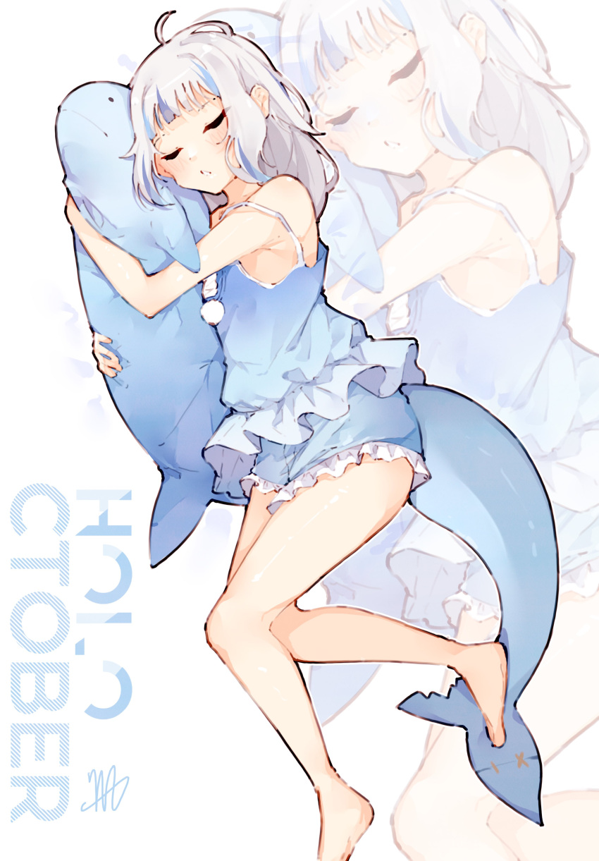 absurdres ahoge babydoll bare_legs barefoot blue_babydoll blue_hair blue_shorts closed_eyes commentary english_commentary female fins fish_tail frilled_babydoll frilled_shorts frills gawr_gura grey_hair highres hololive hololive_english hugging_object ma_draws multicolored_hair parted_lips pom_pom_(clothes) shark_tail shorts sleeping streaked_hair stuffed_animal stuffed_shark stuffed_toy tail virtual_youtuber zoom_layer