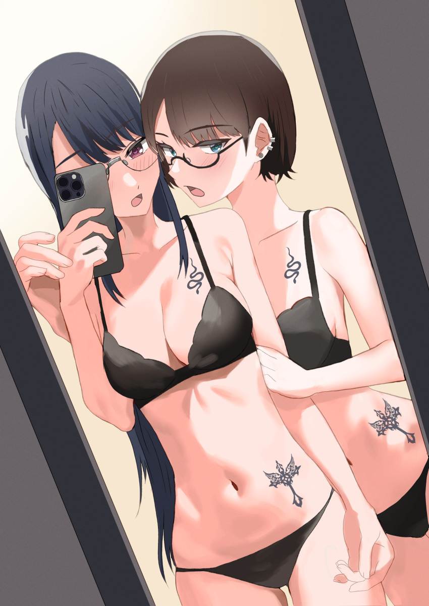 2girls absurdres black_bra black_panties blue_hair blush bra breast_tattoo brown_eyes brown_hair cellphone cross_tattoo ear_piercing glasses green_eyes highres kinomiki long_hair mirror multiple_girls original panties phone piercing short_hair smartphone snake_tattoo stomach_tattoo taking_picture tattoo underwear