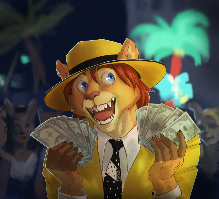 2014 anthro blue_eyes claws clothed clothing fedora felid fur grainy hair hat headgear headwear hi_res intricatevision lion long_hair male mammal money open_mouth pantherine smile solo teeth the_mask the_mask_(character) tongue zoot_suit