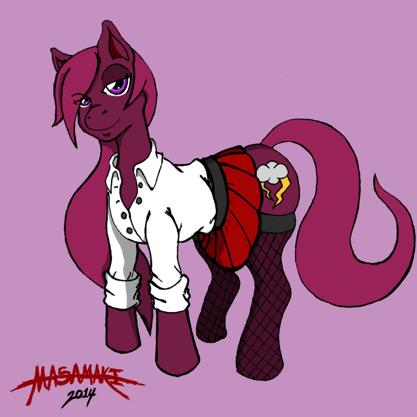 1:1 2014 bottomwear clothed clothing cutie_mark earth_pony equid equine fan_character female feral hair happy hasbro hi_res horse legwear long_hair looking_at_viewer mammal masamaki my_little_pony pony purple_eyes simple_background skirt smile solo stockings