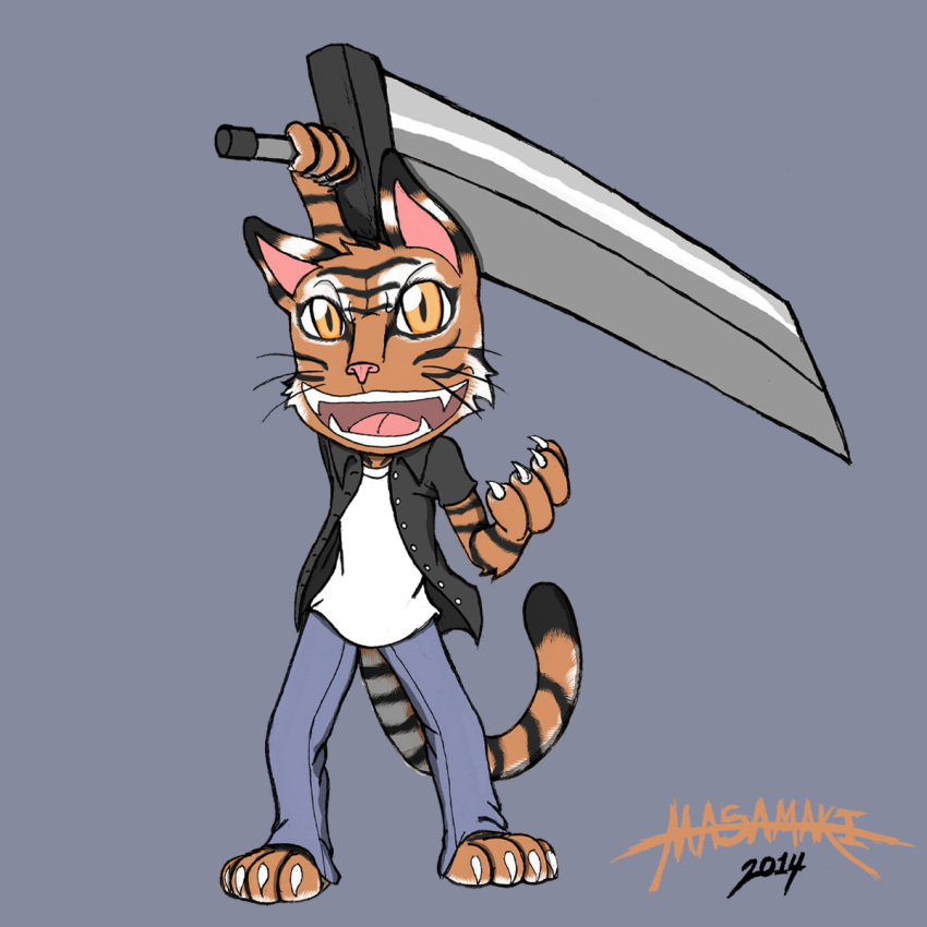 1:1 2014 anthro biped buster_sword clothing felid fur hi_res looking_at_viewer male mammal masamaki melee_weapon open_mouth pantherine pose shirt simple_background solo standing sword tiger tongue topwear weapon