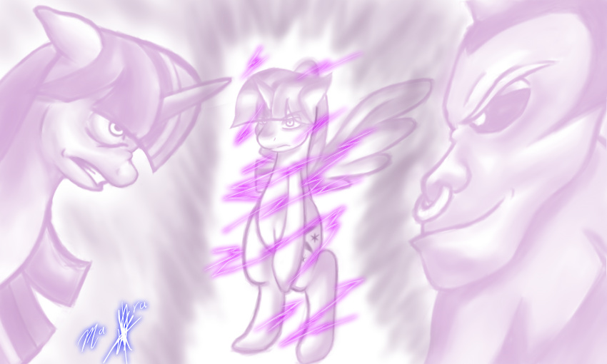 5:3 absurd_res alicorn angry cutie_mark duo equid equine feathered_wings feathers female friendship_is_magic hair hasbro hi_res horn male mammal mishiranui-san multicolored_hair my_little_pony mythological_creature mythological_equine mythology purple_body purple_feathers sketch smile smirk teeth tirek_(mlp) twilight_sparkle_(mlp) wings