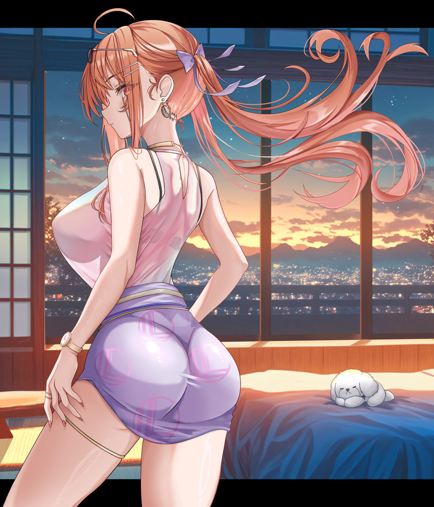 ahoge alternate_hairstyle ass bed bed_sheet belt breasts cityscape earrings eyewear_on_head female fusuma hair_ornament hair_ribbon hairpin highres hololive hololive_dev_is ichijou_ririka jewelry kennedukennedy1 large_breasts letterboxed long_hair looking_at_viewer miniskirt necklace orange_eyes orange_hair orange_nails ribbon shirt silhouette skirt sleeveless sleeveless_shirt sliding_doors solo stuffed_animal stuffed_toy sunglasses thigh_strap twintails virtual_youtuber watch wristwatch