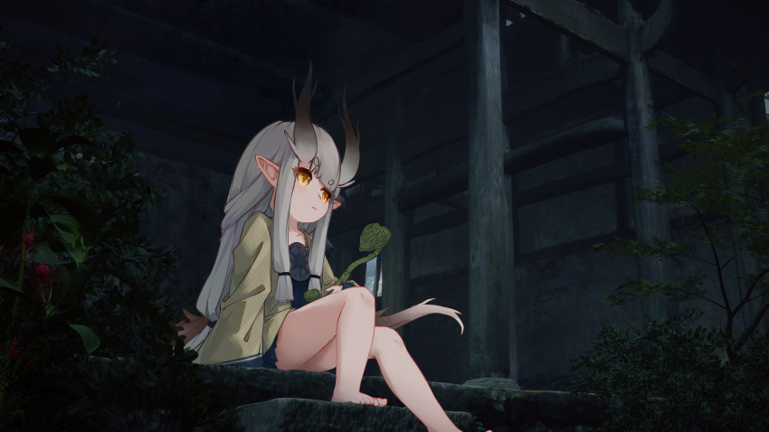 absurdres antlers bare_legs barefoot black_myth:_wukong blue_skirt braid ci_wen_jian_bu_cun_zai closed_mouth collarbone dragon_girl dragon_tail eastern_dragon_horns feet feet_out_of_frame female highres holding horns leaf long_hair long_sleeves low-tied_long_hair miniskirt moss night open_clothes orange_eyes original plant pleated_skirt pointy_ears scenery short_eyebrows sidelocks sitting skirt sleeves_past_wrists solo strapless tail thick_eyebrows toes tree white_hair wide_sleeves