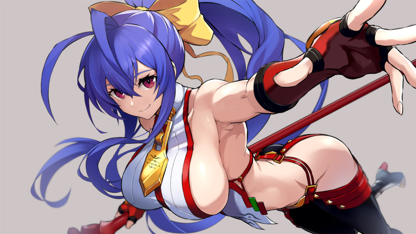 antenna_hair backless_outfit bare_shoulders blazblue blazblue_remix_heart blue_hair bow breasts female gloves hair_between_eyes hairbow large_breasts long_hair looking_at_viewer mai_natsume no_bra pants polearm ponytail revealing_clothes ribbon sideboob sidelocks smile solo sowel_(sk3) spear very_long_hair weapon yellow_bow