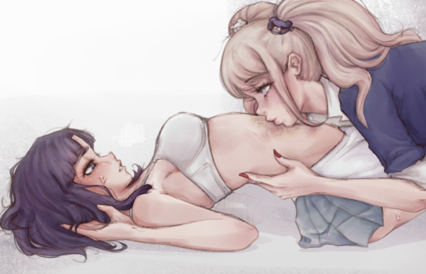 2girls bear_hair_ornament black_hair black_shirt blonde_hair blush bra danganronpa:_trigger_happy_havoc danganronpa_(series) danganronpa_2:_goodbye_despair elle_(imaginaryiand) enoshima_junko from_side hair_ornament kissing_stomach long_hair miniskirt multiple_girls profile red_nails shirt skirt teeth tsumiki_mikan twintails underwear white_bra