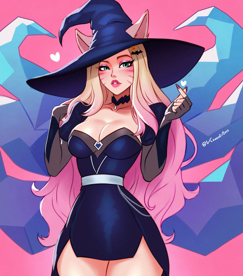 ahri_(league_of_legends) alternate_costume animal_ears bat_hair_ornament belt black_choker black_dress blonde_hair blush breasts choker cleavage collarbone cowboy_shot dress facial_mark female finger_heart food-themed_hair_ornament fox_ears green_eyes hair_ornament hat heart highres k/da_ahri konomidraws large_breasts league_of_legends long_sleeves multicolored_hair pink_hair pumpkin_hair_ornament red_lips solo teeth two-tone_hair whisker_markings white_belt witch_hat