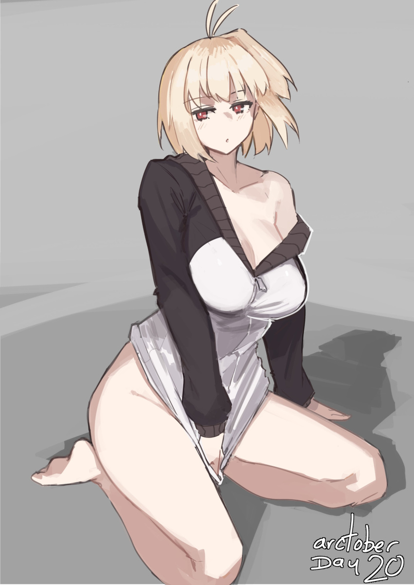 absurdres antenna_hair arcueid_brunestud blonde_hair breasts cleavage collarbone cosplay emiya_shirou emiya_shirou_(cosplay) fate/stay_night fate_(series) female full_body grey_background highres jonyeld large_breasts no_pants red_eyes shadow short_hair simple_background single_bare_shoulder single_off_shoulder solo tsukihime