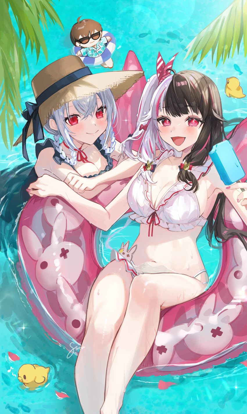 2girls absurdres arm_rest armpits bell bikini bird black_hair black_one-piece_swimsuit bow braid breasts cleavage double-parted_bangs duck duckling food frilled_bikini_top frilled_innertube frilled_one-piece_swimsuit frills grey_hair hair_bell hair_between_eyes hair_ornament hair_rings hairbow hakase_fuyuki hat hat_bow highres holding holding_food holding_ice_cream ice_cream innertube large_breasts long_hair multicolored_hair multiple_girls nail_polish neck_ribbon nijisanji on_innertube one-piece_swimsuit one_side_up palm_leaf red_eyes red_ribbon ribbon sidelocks sirom smile split-color_hair straw_hat streaked_hair stuffed_toy swim_ring swimsuit twin_braids two-tone_hair virtual_youtuber water white_bikini white_hair yorumi_rena