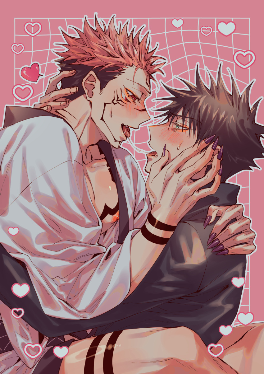 2boys absurdres azukiharuta_ju black_hair black_jacket boy_on_top chest_tattoo facial_tattoo fingernails from_side fushiguro_megumi green_eyes grid_background hand_on_another's_back hand_on_another's_face hand_on_another's_neck heart highres jacket jujutsu_kaisen jujutsu_tech_uniform male_focus multiple_boys nipples open_clothes open_robe pink_background pink_hair red_eyes robe ryoumen_sukuna_(jujutsu_kaisen) saliva saliva_swap saliva_trail sharp_fingernails short_hair tattoo undercut white_robe wrist_tattoo yaoi