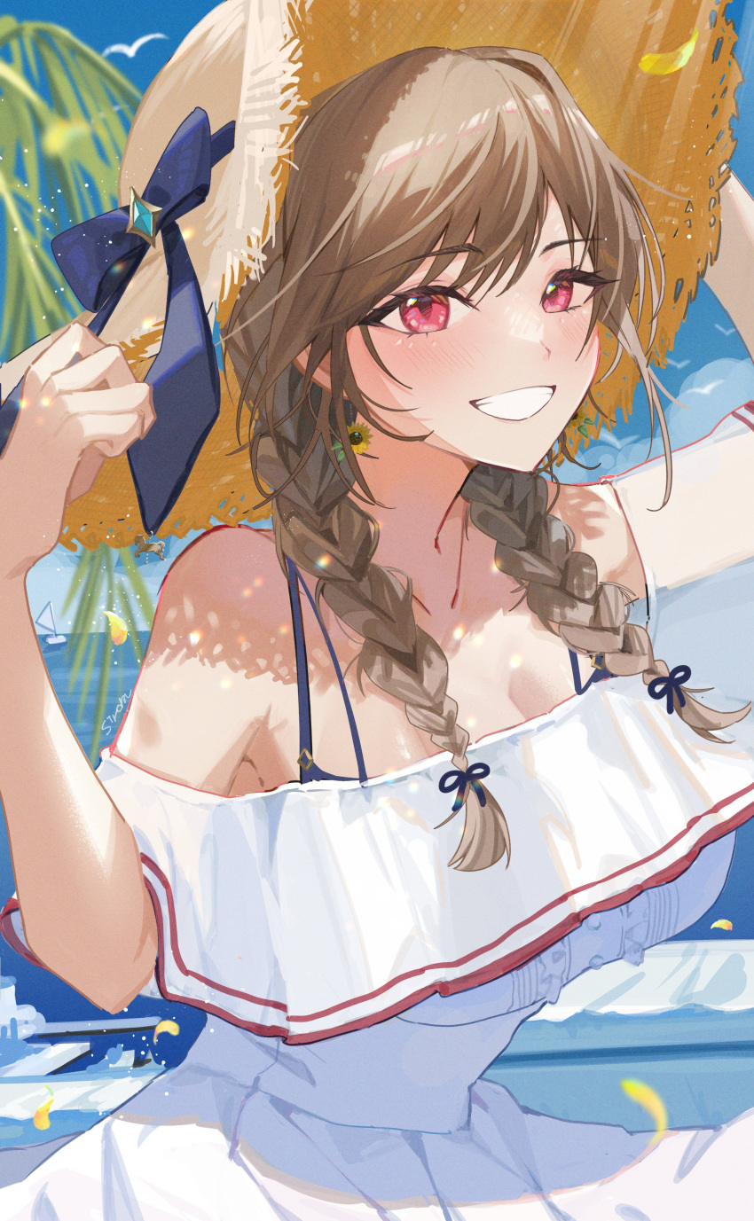 absurdres armpit_crease blue_sky bow bra_strap braid breasts brown_hair cleavage collarbone dress earrings female furen_e_lustario grin hat hat_bow highres jewelry large_breasts layered_dress looking_at_viewer nijisanji ocean off-shoulder_dress off_shoulder palm_leaf red_eyes see-through_clothes see-through_dress_layer sirom sky smile solo straw_hat swimsuit twin_braids upper_body virtual_youtuber white_dress