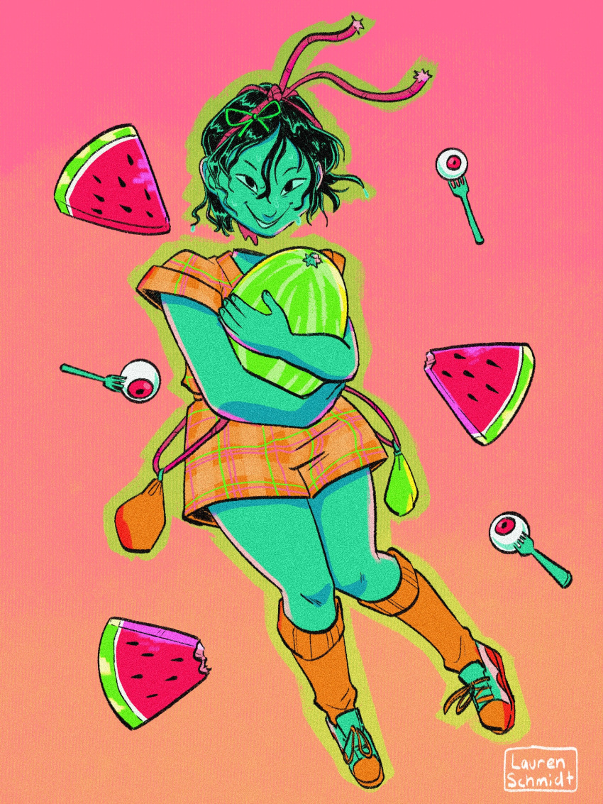 belt_pouch blood decapitation eyeball female food fruit full_body gradient_background green_outline hair_ribbon highres holding holding_food holding_fruit holding_watermelon house_(1977) lauren_schmidtt limited_palette looking_at_viewer mac_(house) messy_hair outline plaid_clothes plaid_shirt plaid_shorts pouch ribbon shirt shoes short_hair shorts sneakers socks solo watermelon watermelon_slice wet wet_hair