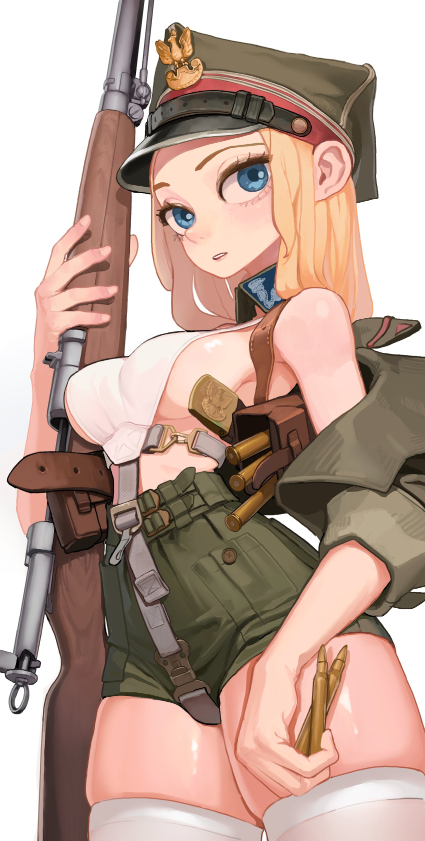 absurdres belt blonde_hair blue_eyes bolt_action breasts collar female gun hat highres holding holding_weapon jacket k31 military_hat original rifle rifle_cartridge rifleman1130 shorts sideboob soldier thighs weapon white_background