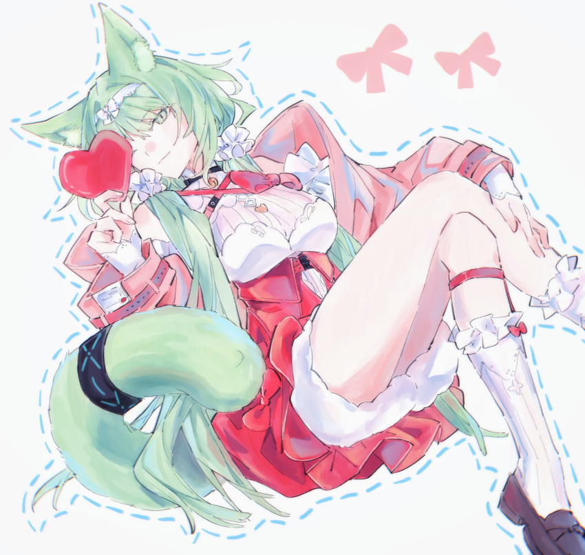 absurdres amizel animal_ear_fluff animal_ears arknights bell black_collar bow box breasts cat_ears cat_girl cat_tail closed_mouth collar crossed_legs dress feet_out_of_frame female green_eyes green_hair green_tail hair_ornament hairband harmonie_(arknights) harmonie_(decoration)_(arknights) heart heart-shaped_box highres holding holding_box infection_monitor_(arknights) light_smile long_hair long_sleeves looking_at_viewer neck_bell official_alternate_costume one_eye_closed red_bow red_dress shirt socks solo tail white_hairband white_shirt white_socks