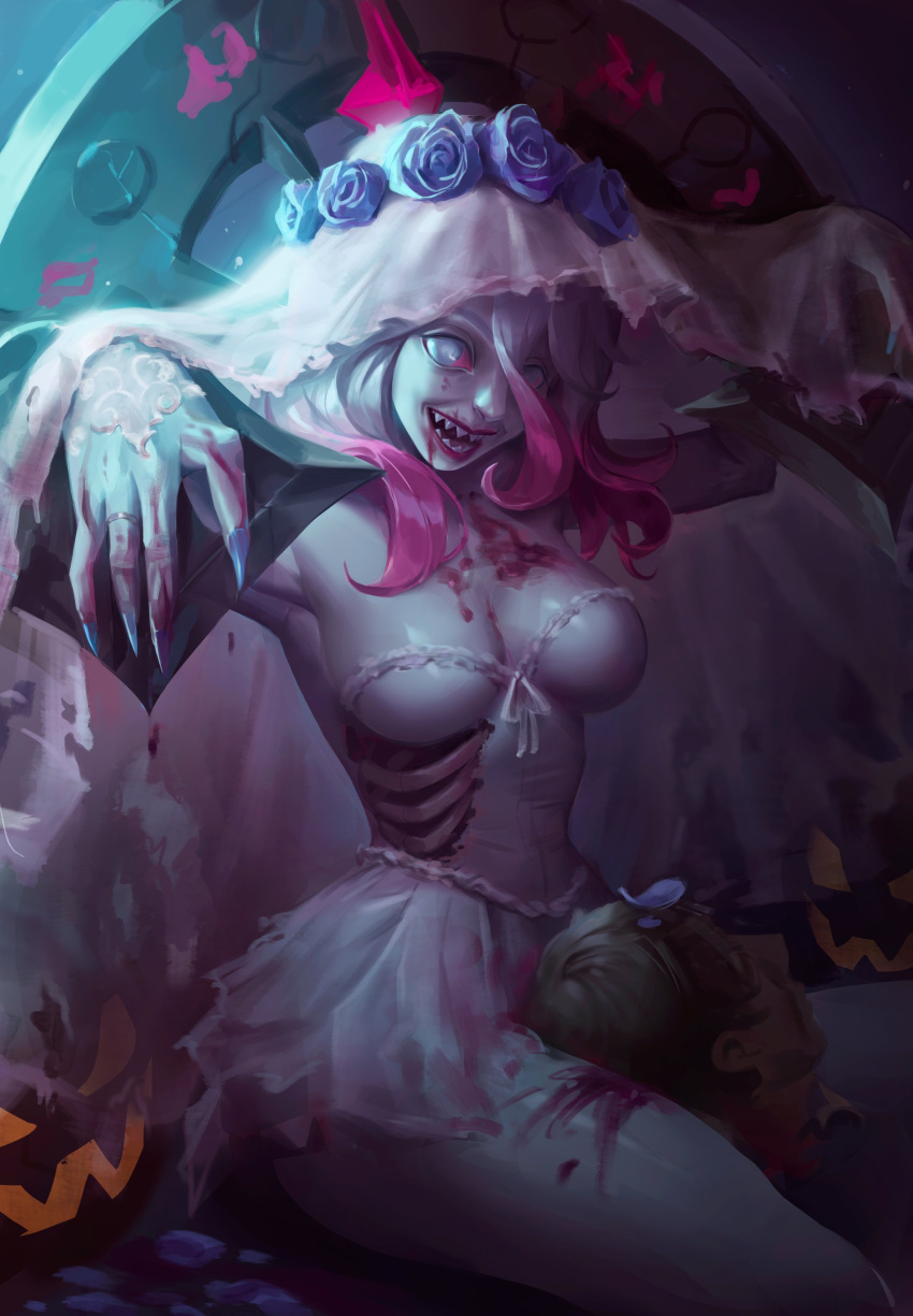 absurdres alternate_breast_size blood blood_on_breasts bound bound_wrists breasts briar_(league_of_legends) bridal_veil colored_skin decapitation female grey_eyes grey_skin highres large_breasts league_of_legends ribs sharp_teeth shiny_skin sitting solo syami_(choiimi) teeth veil