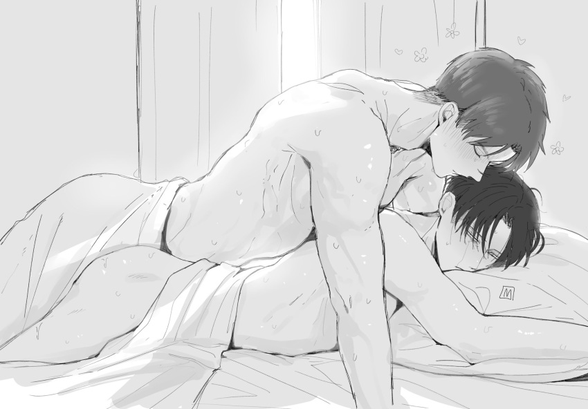 2boys closed_eyes cowboy_shot eren_yeager flower_(symbol) greyscale hair_between_eyes highres levi_(shingeki_no_kyojin) lying m_machiyo male_focus monochrome multiple_boys nude on_bed on_stomach shingeki_no_kyojin short_hair signature sweat sweatdrop under_covers yaoi