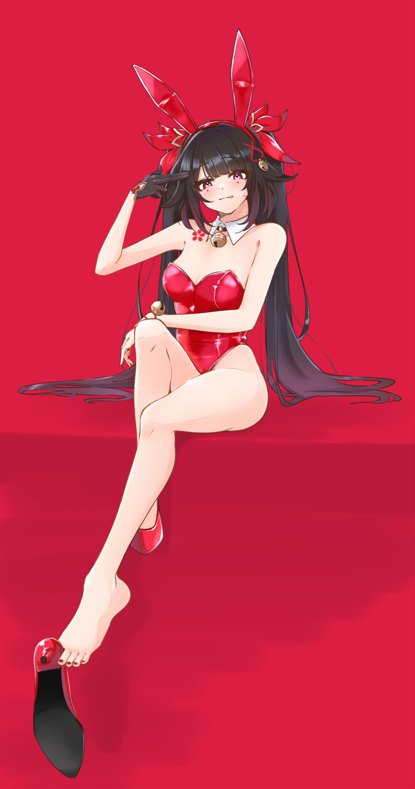 :p animal_ears bell black_hair blush breasts chest_tattoo cleavage commentary detached_collar facial_mark fake_animal_ears female finger_gun finger_gun_to_head flower_tattoo full_body gloves grin high_heels highres honkai:_star_rail honkai_(series) jingle_bell long_hair nail_polish playboy_bunny rabbit_ears red_background red_eyes red_nails shoes single_glove single_shoe sitting small_breasts smile solo sparkle_(honkai:_star_rail) tattoo toenail_polish toenails toes tongue tongue_out tsunakanten twintails