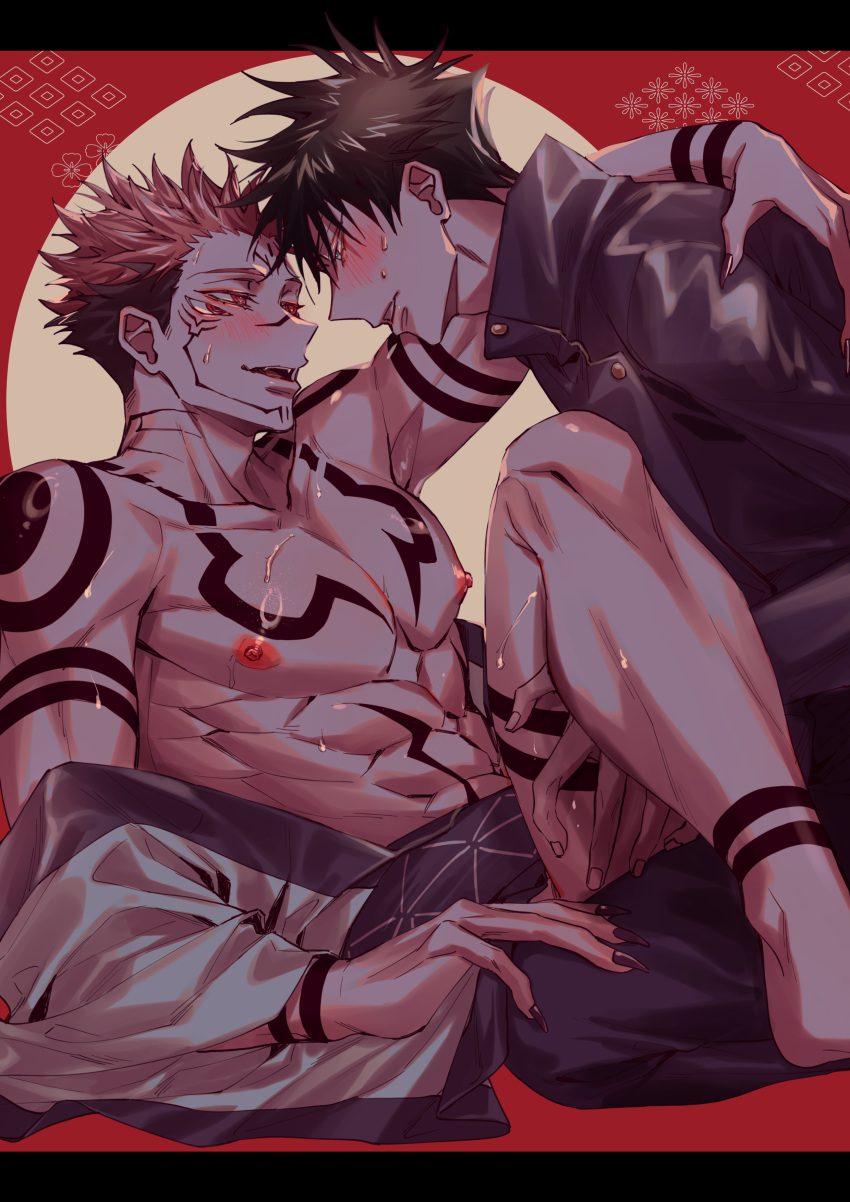 2boys abs absurdres arm_tattoo azukiharuta_ju black_hair black_nails blush chest_tattoo collarbone extra_eyes eye_contact facial_tattoo fushiguro_megumi green_eyes hand_on_another's_thigh highres jujutsu_kaisen jujutsu_tech_uniform leg_tattoo long_sleeves looking_at_another male_focus multiple_boys nipples open_clothes open_robe parted_lips pectorals pink_hair red_background red_eyes robe ryoumen_sukuna_(jujutsu_kaisen) short_hair stomach_tattoo sweat tattoo teeth toned toned_male undercut white_robe yaoi