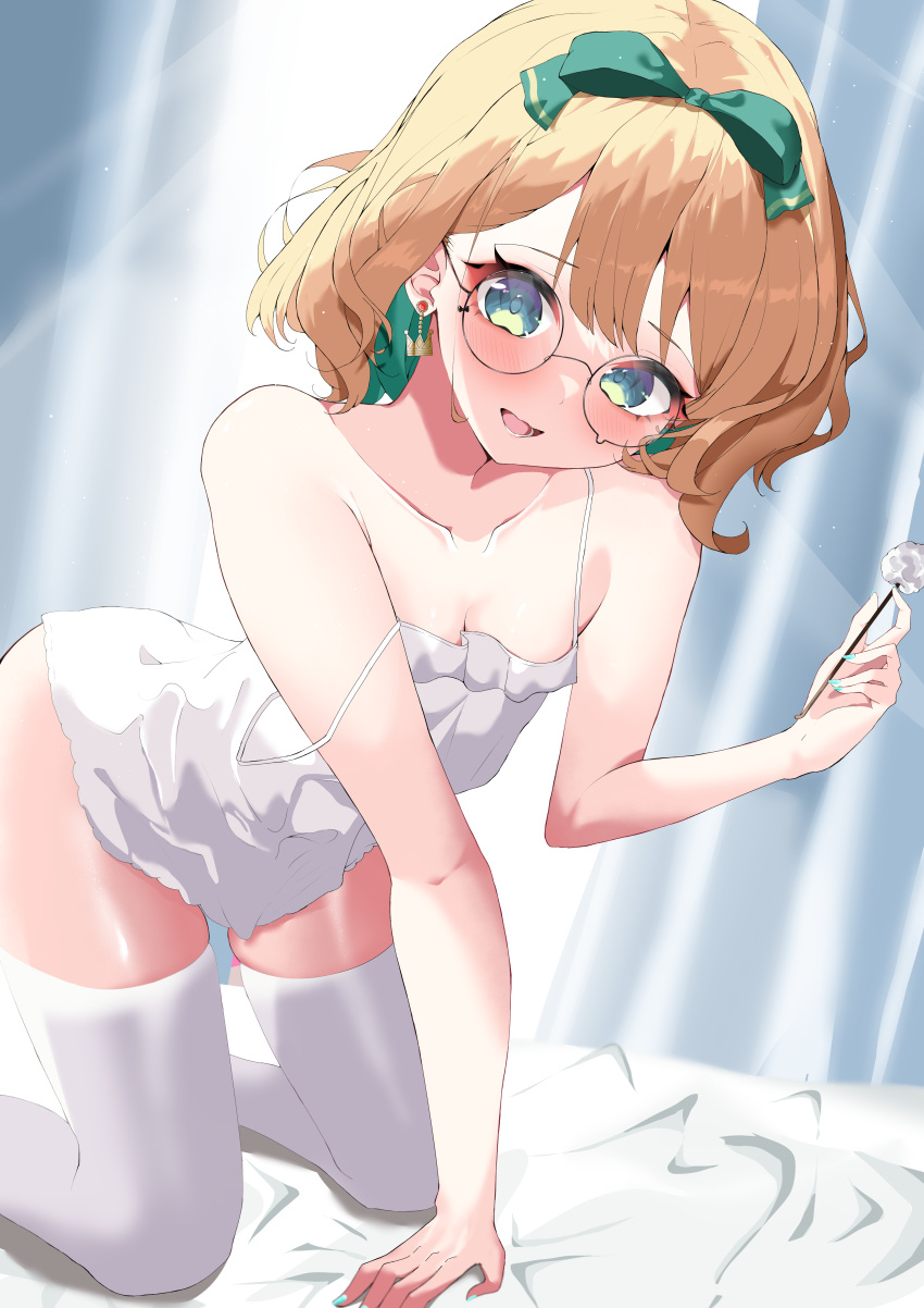 absurdres aqua_eyes aqua_nails blonde_hair blush bow breasts camisole cleavage collarbone colored_inner_hair crown_earrings earrings female glasses hairbow highres jewelry looking_at_viewer medium_hair millie_parfait mimikaki mon_monn multicolored_hair nijisanji nijisanji_en on_bed open_mouth round_eyewear small_breasts solo strap_slip teardrop-framed_glasses thighhighs virtual_youtuber white_camisole white_thighhighs