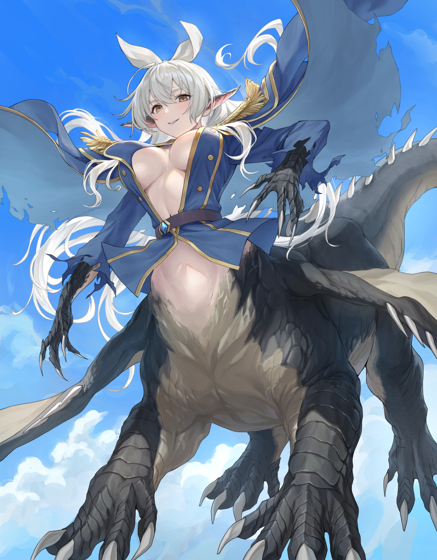 absurdres ahoge belt black_scales blue_coat blue_shirt blue_sky bow breasts brown_belt centauroid claws cleavage cloud coat coat_on_shoulders commentary_request commission day dragon dragon_claw dragon_girl dragon_tail dragon_wings epaulettes female flying hair_between_eyes hairbow highres ippei_ipip large_breasts long_hair long_sleeves looking_at_viewer monster_girl navel original parted_lips partially_unbuttoned pixiv_commission pointy_ears shirt sidelocks sky smile solo tail taur torn_clothes torn_sleeves very_long_hair western_dragon white_bow white_hair wings yellow_eyes