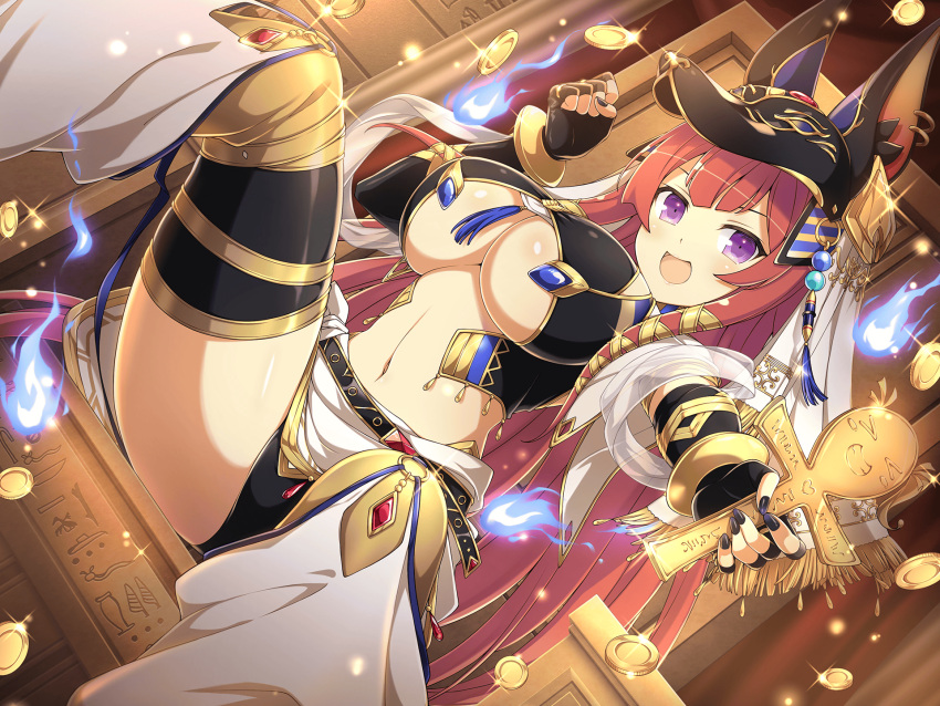 ancient_egyptian ancient_egyptian_clothes animal_ears ankh anubis_(mythology) anubis_(mythology)_(cosplay) ashiya_(senran_kagura) blush breasts cosplay eye_of_horus female fingerless_gloves gloves gold highres jackal_ears jackal_tail jewelry large_breasts long_hair official_alternate_costume official_alternate_hairstyle official_art open_mouth panties pantyshot purple_eyes red_hair ribbon senran_kagura senran_kagura_new_link sitting smile throne underboob underwear yellow_ribbon