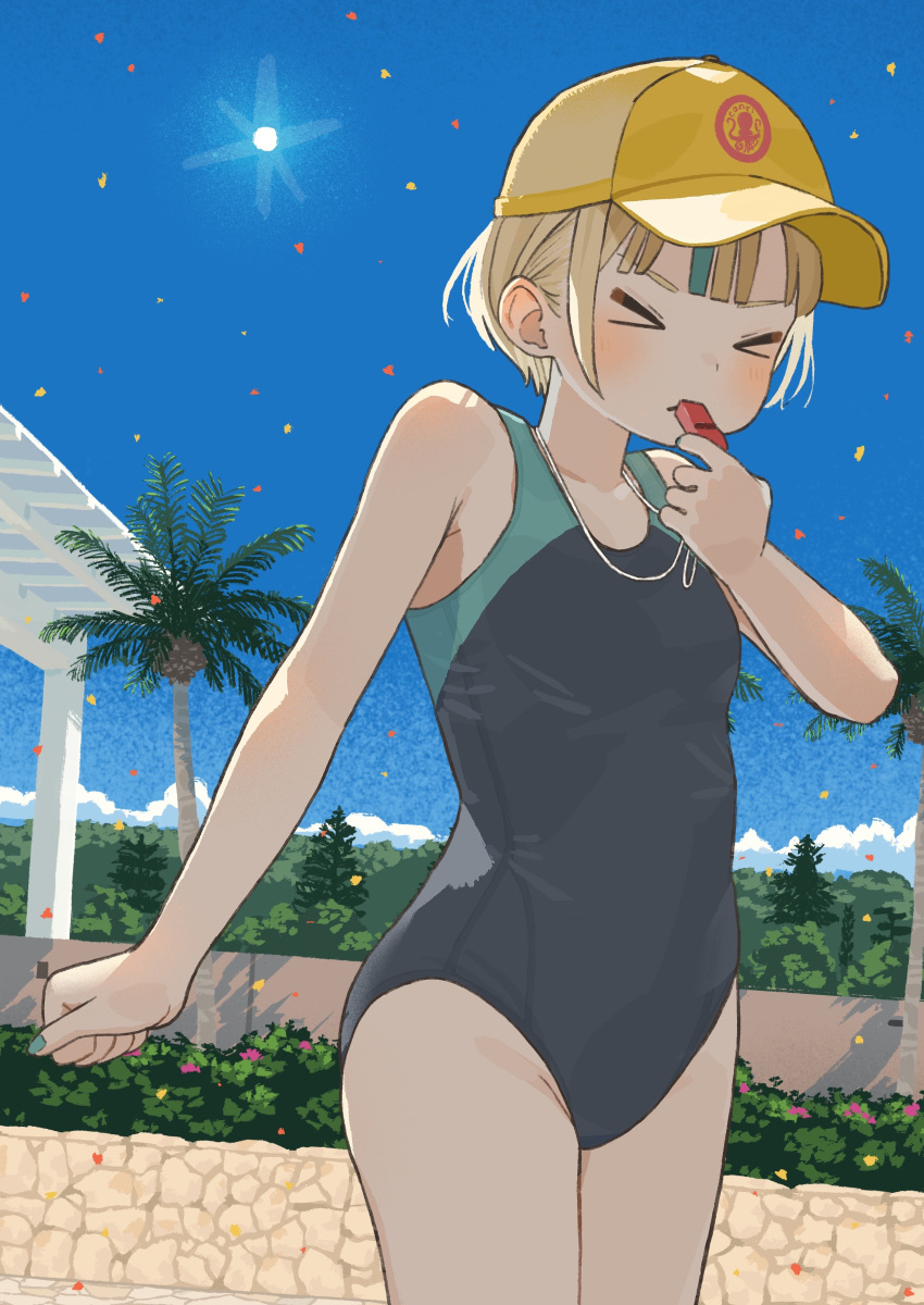 >_< absurdres baseball_cap blonde_hair blowing_whistle blue_nails blush bush clenched_hand closed_eyes commentary_request female hat highres holding holding_whistle mashiro_ka multicolored_hair one-piece_swimsuit original outdoors palm_tree short_hair sky solo streaked_hair summer swimsuit tree whistle whistle_around_neck yellow_hat