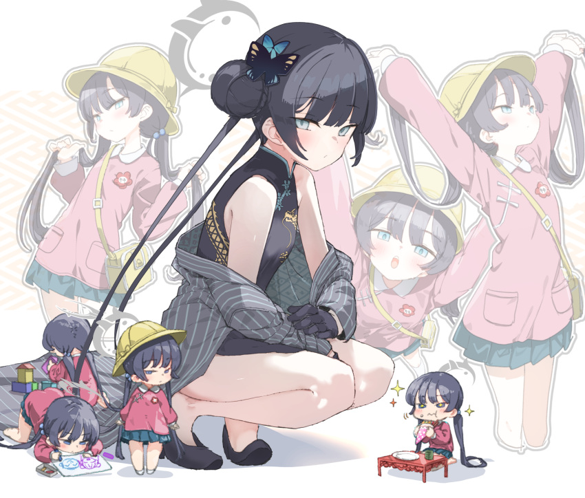 +_+ arms_up bag bare_legs blue_archive braid braided_bun breasts butterfly_hair_ornament chinese_clothes double_bun dragon_print eating female flower_pin grey_eyes grey_halo hair_bun hair_ornament halo hat highres holding holding_own_hair hoshi_umi kindergarten_bag kindergarten_uniform kisaki_(blue_archive) kisaki_(kindergarten_uniform)_(blue_archive) long_hair looking_at_viewer name_tag out_of_character pink_shirt school_hat shirt small_breasts yellow_bag yellow_hat