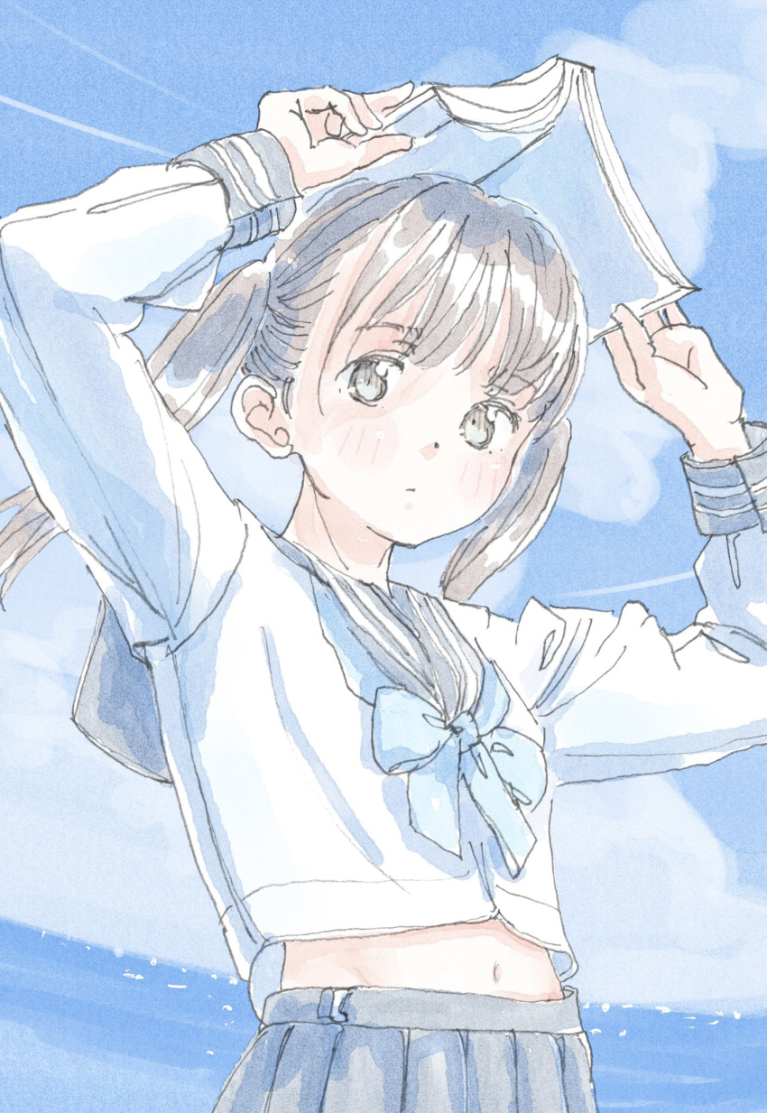 arms_up blue_bow blue_bowtie blue_skirt blue_sky blush book bow bowtie brown_eyes brown_hair closed_mouth commentary_request crop_top expressionless female grey_sailor_collar highres holding holding_book long_hair long_sleeves looking_at_viewer midriff navel open_book original pleated_skirt poranka_(porankaran) sailor_collar school_uniform serafuku shirt skirt sky solo twintails white_shirt