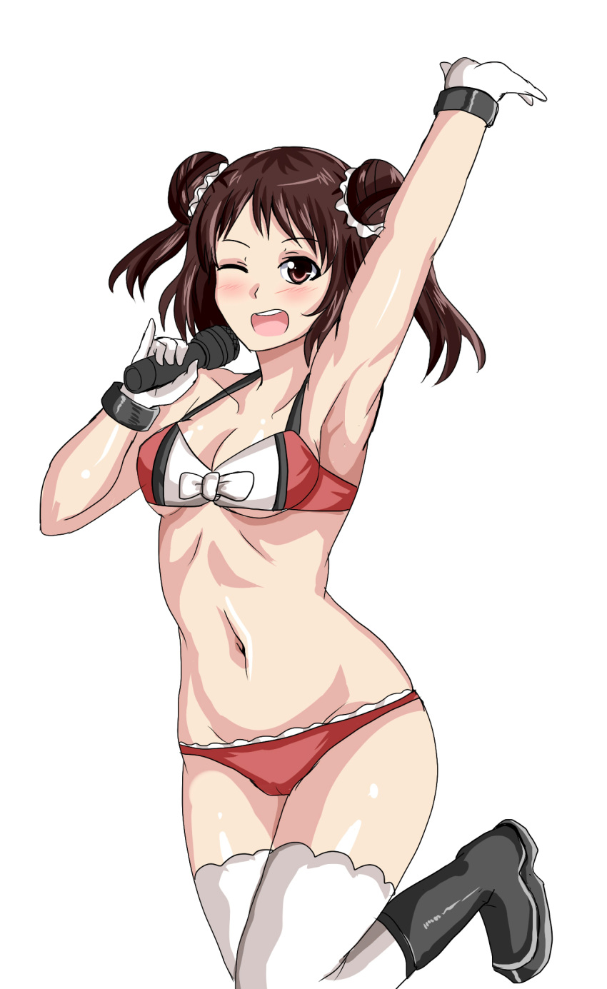 adapted_costume arm_up armpits bikini black_footwear boots breasts brown_eyes brown_hair cameltoe cleavage commentary_request double_bun drie female gloves hair_bun highres kantai_collection medium_breasts naka_(kancolle) naka_kai_ni_(kancolle) one_eye_closed open_mouth red_bikini smile solo standing standing_on_one_leg swimsuit thighhighs two-tone_bikini two_side_up white_gloves white_thighhighs