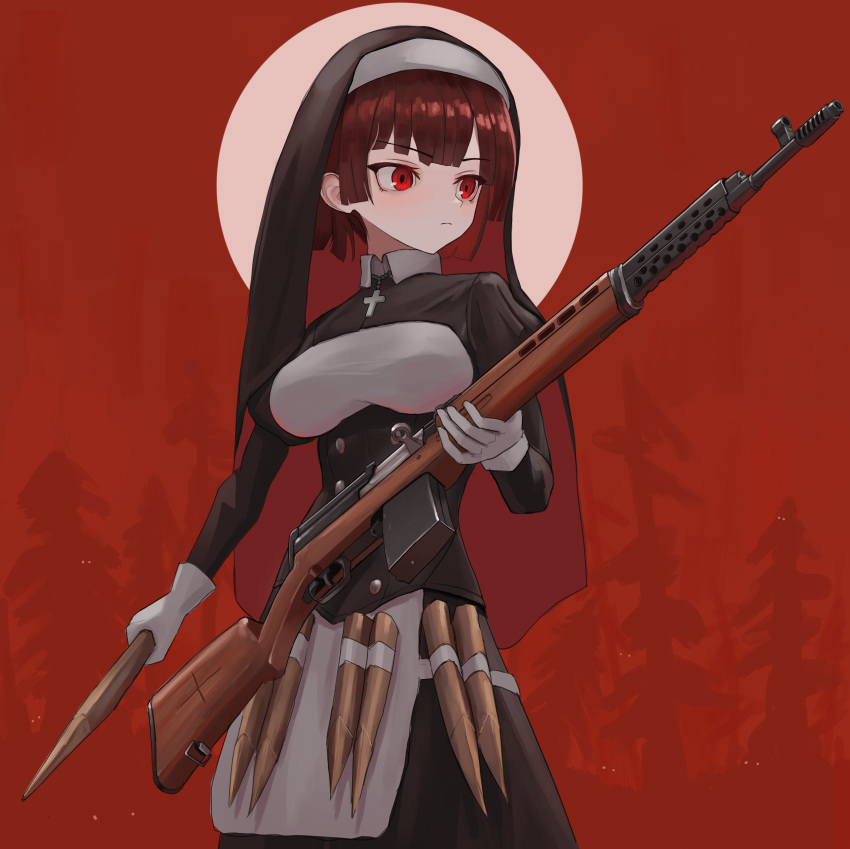 absurdres apron battle_rifle black_skirt blunt_ends breasts brown_hair buttons closed_mouth colored_inner_hair commentary cross english_commentary female full_moon gloves gun habit highres holding holding_gun holding_weapon juliet_sleeves klottinen long_sleeves moon multicolored_hair nun original puffy_sleeves red_background red_eyes red_hair rifle serious skirt solo stake svt-40 weapon white_apron white_gloves