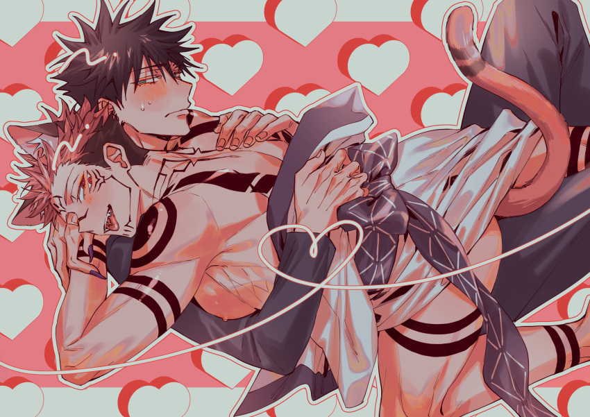 2boys absurdres animal_ears arm_tattoo azukiharuta_ju back_tattoo black_hair black_nails black_pants blush cat_boy cat_ears cat_tail extra_eyes facial_tattoo feet_out_of_frame fingernails fushiguro_megumi green_eyes heart heart_background heart_of_string highres hug jujutsu_kaisen jujutsu_tech_uniform leg_tattoo long_sleeves looking_at_viewer male_focus multiple_boys neck_tattoo outline pants pink_background pink_hair red_eyes robe ryoumen_sukuna_(jujutsu_kaisen) sharp_fingernails short_hair tail tattoo teeth tongue tongue_out undercut white_outline white_robe yaoi